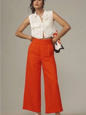 Anthropologie Maeve Orange Eyelet Wide Leg Crop Pants Boho Culottes Size 0